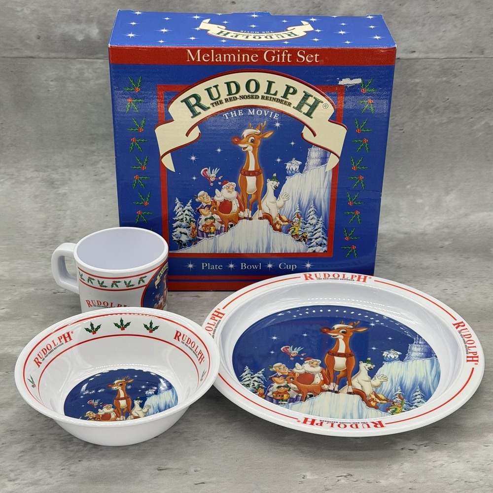 Rare! Rudolph The Red Nosed Reindeer Plate, Cup & Bowl Melamine Kids Dish Set